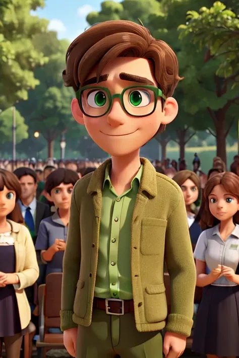 man light brown hair green eyes glasses hands together with people behind applauding together in the park