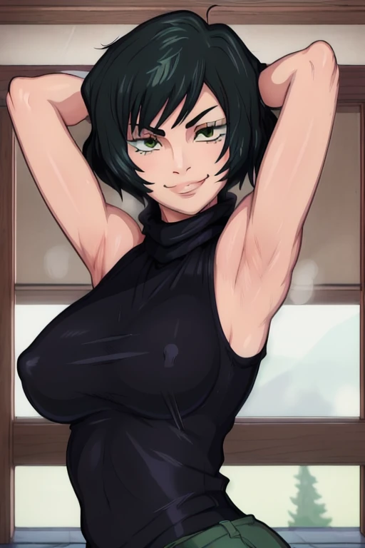 masterpiece, best quality, looking at viewer, upper body, portrait, looking at viewer, seductive smile, put your hands behind your head, armpits, armpits visible, sweaty armpits, mai zenin, very large breasts, short green hair, wearing black tanktop, , tur...