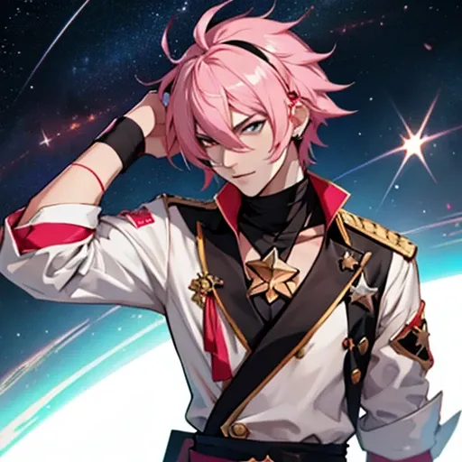 ((honkai star rail )) ,Space Pirate  human Male ,Pirate outfit  ,crazy pink haircut, pointer Teeths , head bandana 