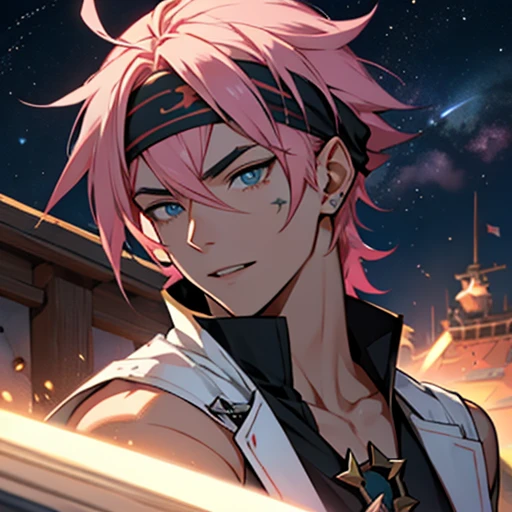 ((honkai star rail )) ,Space Pirate  human Male ,Pirate outfit  , pink haircut, pointer Teeths , head bandana ,arma Bandage 