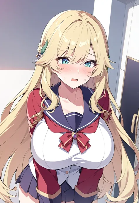 Esmeralda, 18 years old, long blonde hair, blue eyes, huge breasts, wearing a Royal Academy uniform, leaving the Sol Academy..hentai