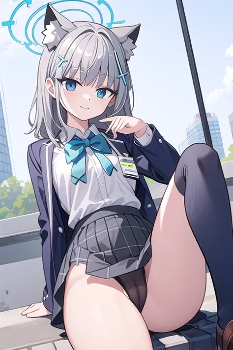 shiroko_bluearchive,school uniform,looking at viewer, little smile， slim, dizzy, big-chest, wide hips, perfect waist, day atmosphere, hair ornament，legsupsexms