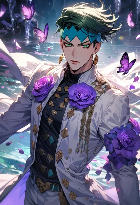 Ultra detailed, HDR, Highres, absurdres, master piece, Kishibe Rohan, dark green hair, expressive green eyes, white long coat with patterns, Jojo Bizarre Adventure, black tight shirt, purple glittering butterflies, purple ice, petals, purple ice roses, sex...