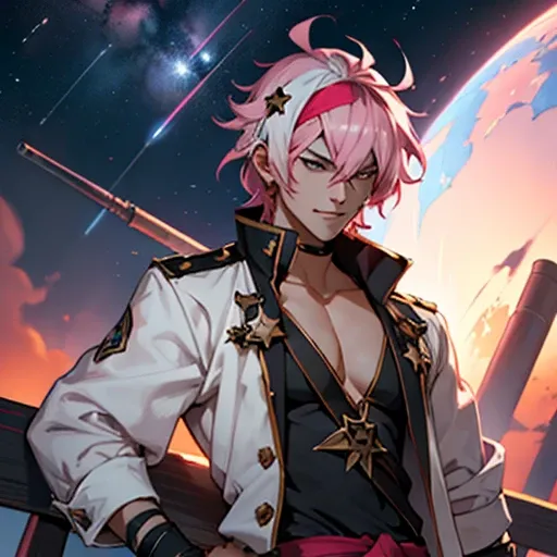 ((honkai star rail )) ,Space Pirate  human Male ,Pirate outfit  , pink haircut, ((pointer Teeths )), head bandana ,arms Bandage ,