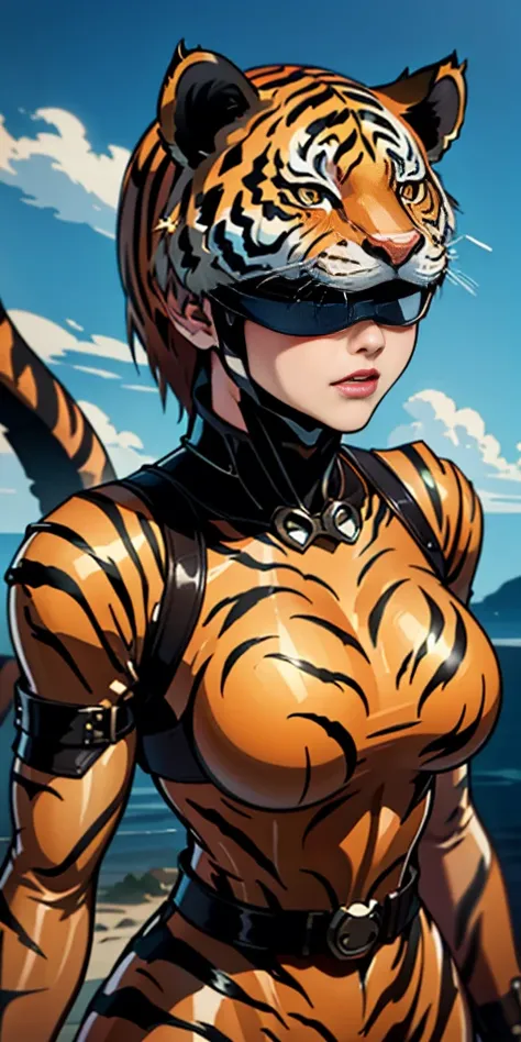 1 solo female blindfolded, animal tiger ears, animal tiger hands, animal tiger print, bell ((armor reminiscent of a tiger))