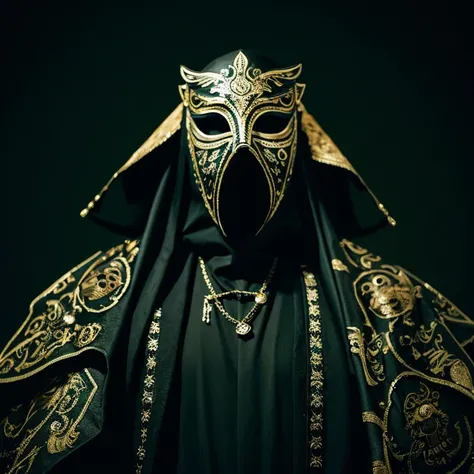 A black-decorated figure wearing a Venetian plague mask stands in the dark。