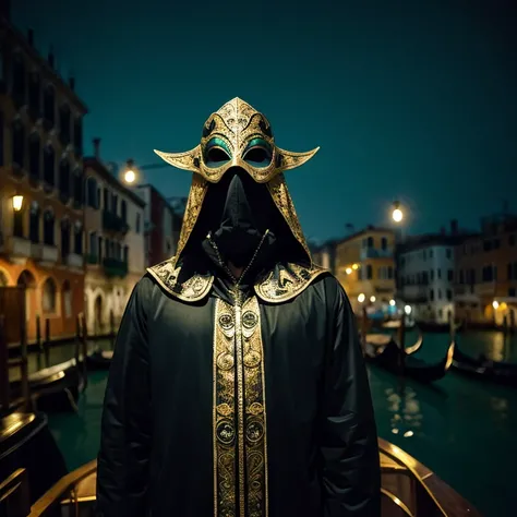 A black-decorated figure wearing a Venetian plague mask stands in the dark。