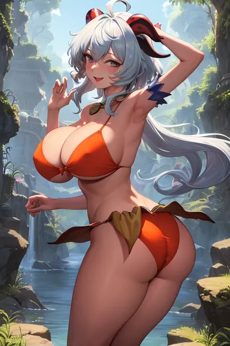 masterpiece, best quality, beautiful art, high resolution, well formed hands, body and fingers, 1 woman, solo, Ganyu, goat horns,n , grown up, long hair, adult, big breasted, cleavage, hair ribbon, wearing a Mii outfit, full body, sexy and skimpy jungle bi...