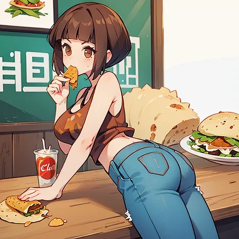 A woman in a tank top and slim jeans eating a taco at a taco shop　The cola is on the table　Large Breasts　Big Ass