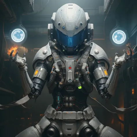 a close up of a robot in a building with a helmet on, cyberpunk flame suit, cyberpunk armor, cyberpunk suit, sci - fi suit, intricate cyberpunk armor, cybernetic fire armor, apex legends armor, cyber suit, cybernetic flame armor, clothed in sci-fi military...