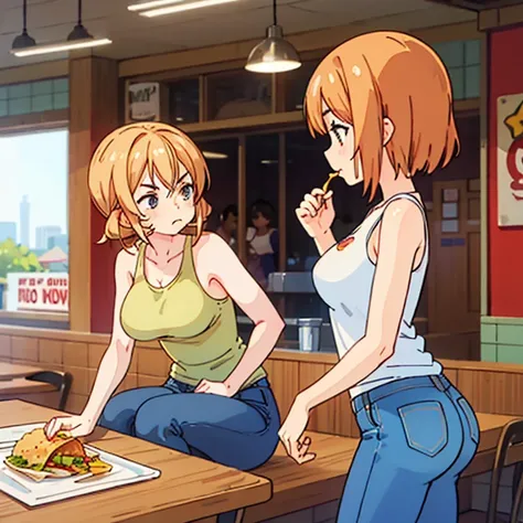 A woman in a tank top and slim jeans eating a taco at a taco shop　The cola is on the table　Large Breasts　Big Ass