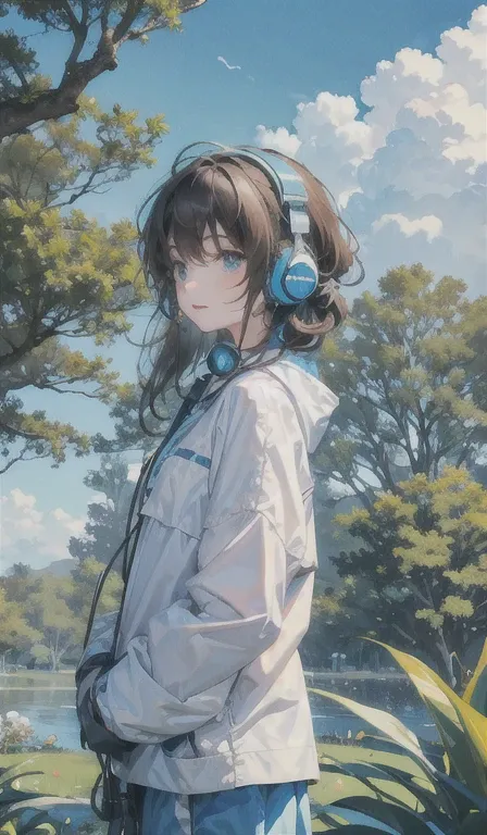 To create a relaxing atmosphere, a tranquil natural landscape is placed in the background, with headphones placed above it. Blue sky and starry sky in the background