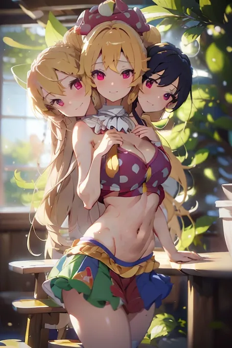 (masterpiece, best quality), best quality, (ultra-detailed), (3heads:1.5), 1girl, (ultra-detailed), (3heads:1.5), 1girl, (clownpiece:1.3), masterpiece, best quality, ultra quality, ultra resolution, ultra detail, red and blue top, crop top, ((stomach)), mi...