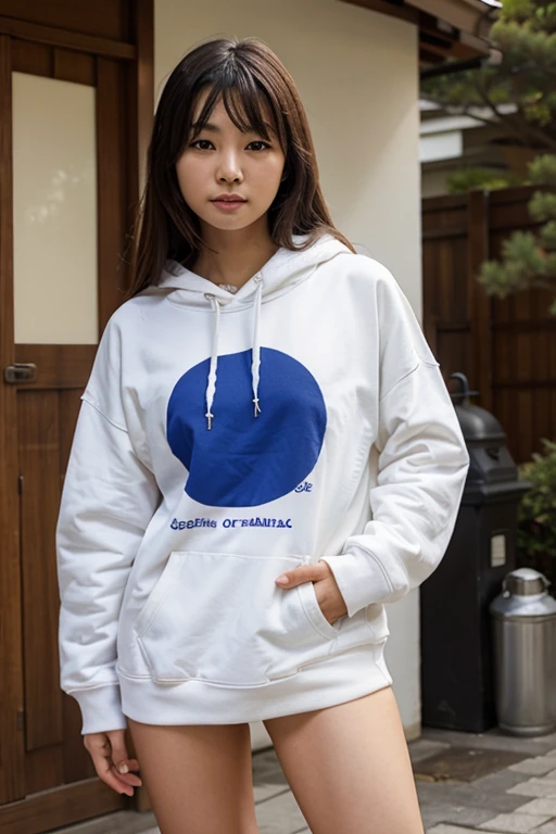 japanese woman wearing a big sweatshirt