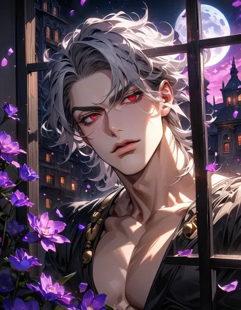 absurdres, highres, ultra detailed, HDR, master piece, ultra detailed picture, extremely detailed face and eyes, Risotto Nero, gray hair, expressive red eyes, Jojo bizarre adventure, sexy man, solo, handsome, black clothes, moon, window, purple flowers, pe...