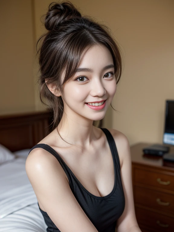 25years old , hair up, super big hair up, wearing black big t-shirt, (smile:1.2), background bedroom, (photorealistic:1.2), (ultra realistic:1.3), (very detailed:1.1), ((masterpiece)), small round breast, full korean