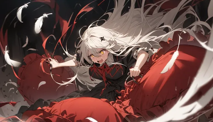 A woman, flowing white hair, melancholy eyes, yellow pupils, black diamond-shaped hairpin, A woman is cutting up a Tattered super huge red silk cushion with scissors in a dirty way. Tiny feathers are dancing, crying