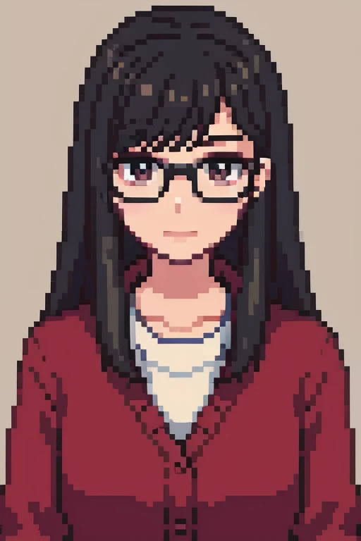 woman with black hair wearing glasses