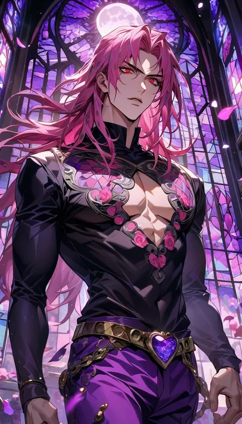 Ultra detailed, HDR, Highres, absurdres, master piece, Diavolo, pink long hair, expressive red eyes, Jojo Bizarre Adventure, toned chest, black tight shirt, purple glittering moon, purple ice, petals, purple ice roses, sexy man, solo, extremely detailed fa...