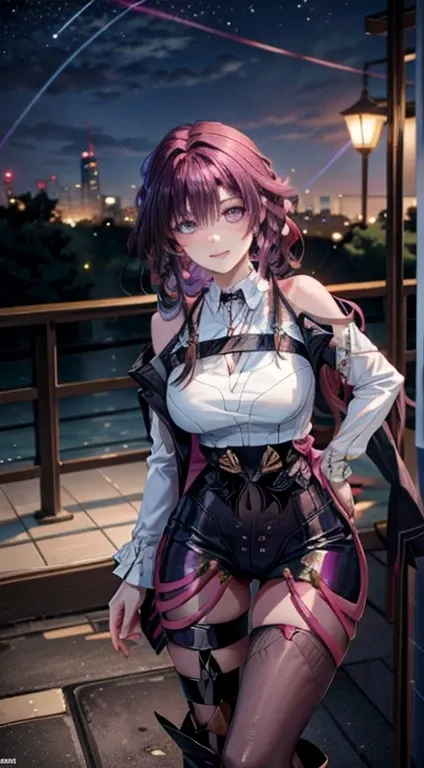 masterpiece, best quality, beauty, Anime hot girl, sexy uniforms, tight, purple hair, seductive smile, full body, portrait, beautiful woman, at night background,