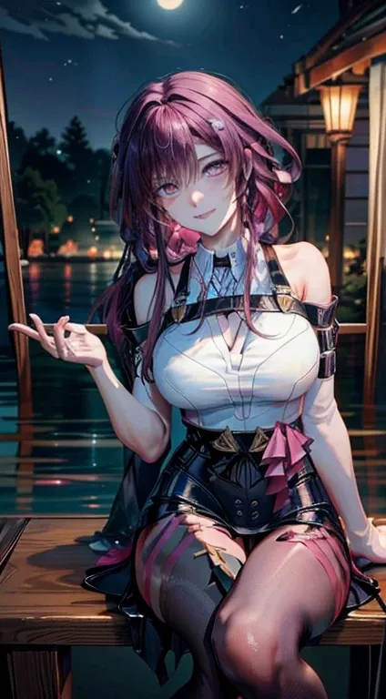 masterpiece, best quality, beauty, perfect anatomy, perfect eyes, perfect face, perfect fingers, perfect hands, Anime hot girl, sexy uniforms, tight, purple hair, seductive smile, full body, portrait, beautiful woman, at night background, sitting open legs...