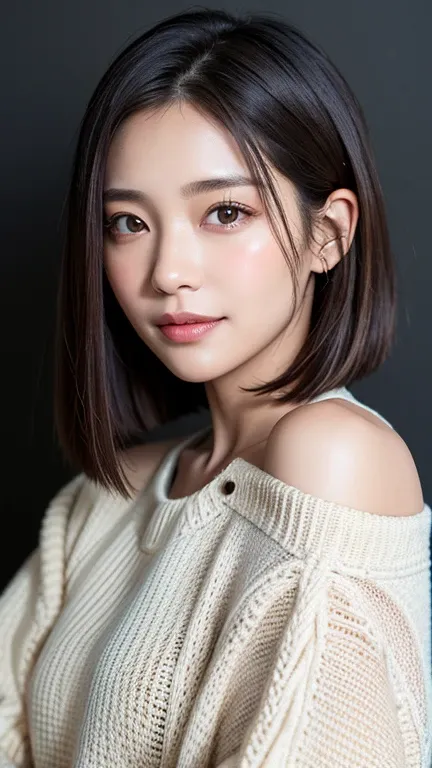 (((close-up of face)))、(((absolutely shoulder-length brown straight short bob)))、(((she is posing like a hair salon model, with ...