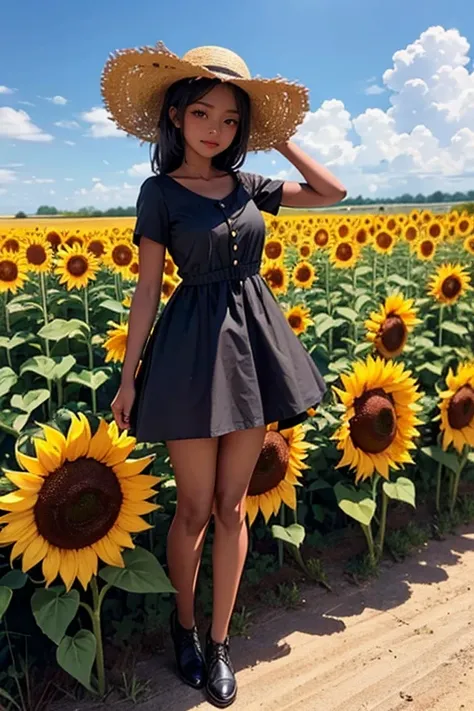 Dark skinned woman,Short sleeve dress,Straw hat,Sunflower field,Animal Ears,Full body pose