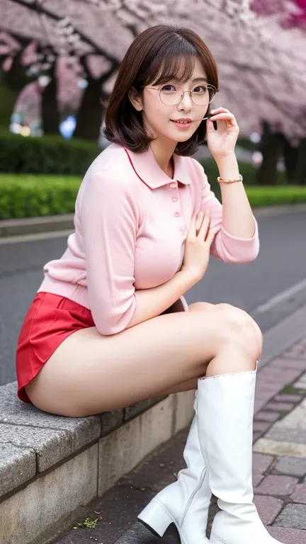 Chinese idol girl　Brown hair short hair　Bright red rouge lips　Smokey makeup black mascara　Chubby　Plump　((Rimless glasses))　Large Breasts　Super big boobs　Big eyes　SakuraFubuki　((Polo shirt))　((Leather hot pants))　((Knee-high boots))　8K　(Cherry blossoms in f...