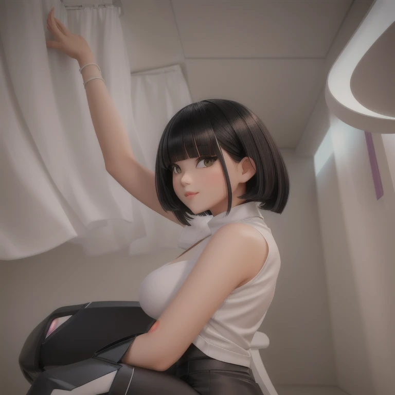 beautiful woman with a white top and black pants posing for a picture, with short hair, 🤤 girl portrait, anime thai girl, white hime cut hairstyle, with bangs, with short hair with bangs, 3D style mixed with fujifilm, 3D cartoon girl in real life, the hime...