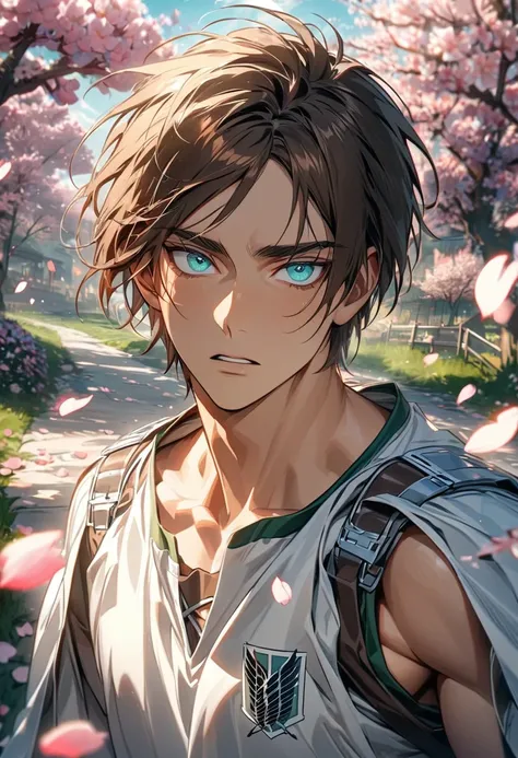 absurdres, highres, ultra detailed, HDR, masterpiece, extremely detailed face and eyes, Eren Yeager, brown hair, expressive turquoise eyes, Shingeki No Kyojin, solo, sexy man, handsome, white basketball uniform, spring, blossoms, petals