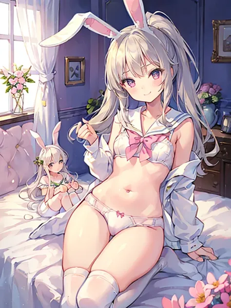 Absurd,(masterpiece、highest quality、8k ),Intricate details,Very detailed,Soft Focus、((Cute 10 year old beautiful girl:1.4)),(smile:1.2)、Silver Hair、Straight bangs、Long Hair、(Bunny ears、Sailor bunny girl in white coat、White knee-high socks:1.3),but,Cute pos...