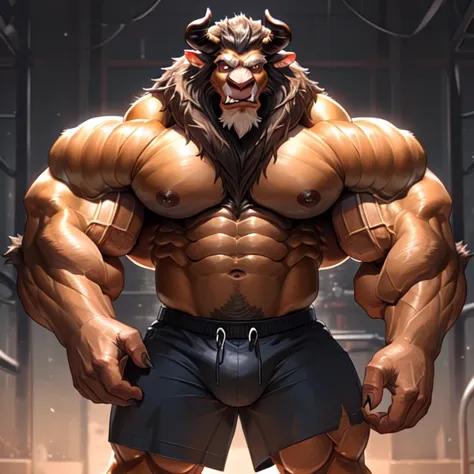 a close-up of a man with horned head and blue shorts, muscular, muscular and scary humanoid lion, muscular man with bull head, muscular character, Minotaur, big biceps, muscular character, Protruding muscles, huge muscles, strong and imposing, big muscle, ...