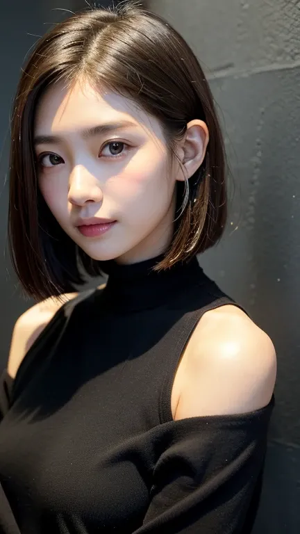 (((Close-up of face)))、(((Absolutely shoulder-length brown straight short bob)))、(((She is posing like a hair salon model, with a black wall indoors as the background.)))、(((Casual black winter long sleeves with shoulders covered)))、Half Japanese, half Kor...