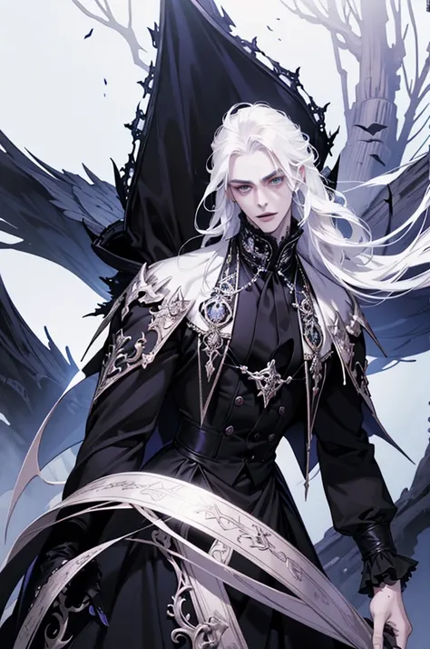 Insanely detailed photograph of a gorgeous vampire man, goth Renaissance, long voluminous white hair, intricate white  eyes, fantastical, vampire, ethereal, hyperdetailed, 32k resolution, dynamic lighting, hyperdetailed, intricately detailed, trending on A...