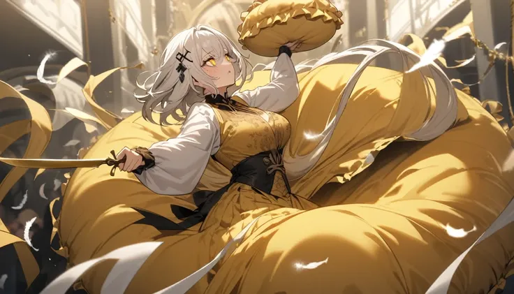 A woman, flowing white hair, melancholy eyes, yellow pupils, black diamond-shaped hairpin, A woman is cutting up a super huge golden silk cushion with scissors in a dirty way. Tiny feathers are dancing,