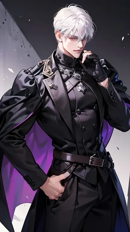 White hair man. Cool. Naughty. Grinning. Canine teeth visible. Dark knight. All black outfit with purple secondary color. Black prince. Very cool. Tall and handsome. All hands down. North duke type. Masculine. Stocky. Solo. Hd. Detail