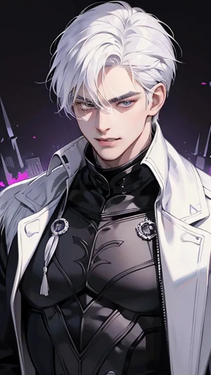 White hair man. Cool. Naughty. Grinning. Canine teeth visible. Dark knight. All black outfit with purple secondary color. Black prince. Very cool. Tall and handsome. All hands down. North duke type. Masculine. Stocky. Solo. Hd. Detail