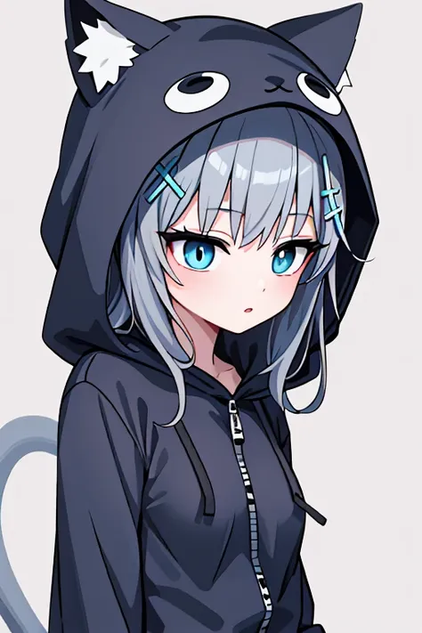 shiroko_bluearchive,slim, dizzy, big-chest, wide hips, perfect waist, pajamanimal,animal ears, grey hair, cat ears, hood, hoodie...