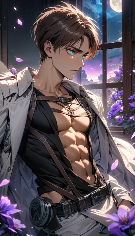 absurdres, highres, ultra detailed, HDR, masterpiece, extremely detailed face and eyes, Eren Yeager, brown hair, expressive turquoise eyes, Shingeki No Kyojin, solo, sexy man, toned chest, handsome, white coat, black tight shirt, window, moon, petals, purp...