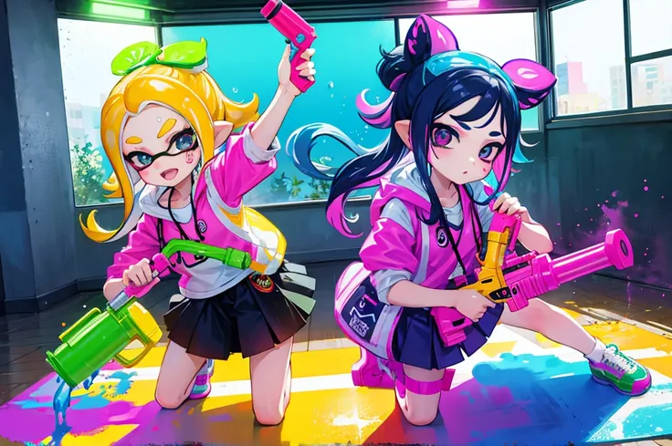 popart,tween kids playing Splatoon pretend,playing with paint on each other using water-gun or bubble-gun,colorful classroom,beautiful lighting, volumetric lighting, dynamic pose,sharp,