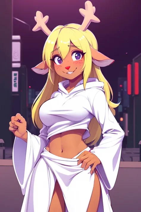 (noelle, furry female anthro, blonde hair, deer girl, red deer nose, white eyes, white pupils, white robe, hooded robe, big breasts, midriff), blushing, hands on hips, wide hips, green neon city, smiling