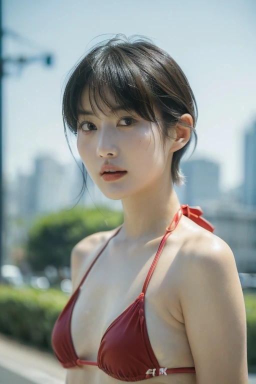 ((highest quality、8k resolution、Masterpiece、Portraiture:1.3)), Photorealistic, 35mm Film, 1 Japanese female,Beautiful woman, On the street during the day, Wrinkles around the eyes, Plump body,Pixie Cut_boyish,((Sexy Micro Bikini:1.3)) , (Outdoor_City Stree...