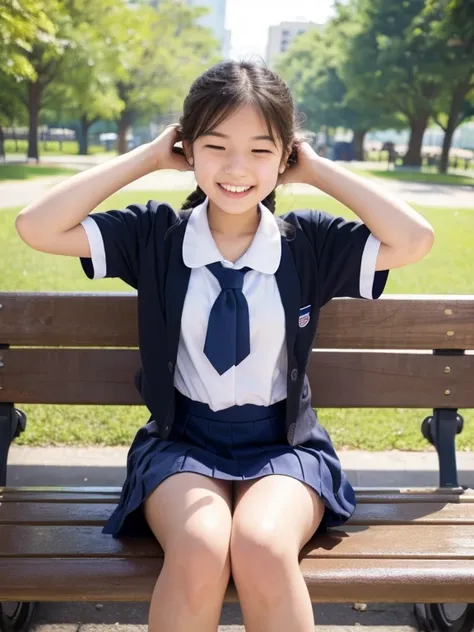 ((Hands behind head))、(15-year-old girl)、(School uniform)、(Short sleeve)、(sitting on a park bench)、(Laughter)、Bare legs