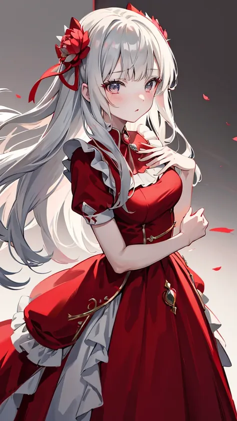 anime girl in red and white dress, grayscale photo of a woman in a red dress, , my dress up darling anime, magical forest maid, ...