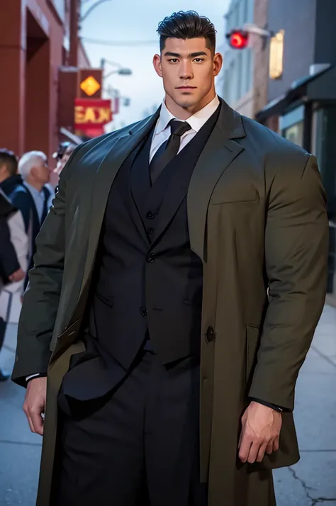 best quality，A handsome guy，（（coat）），front Photo，Thick arms，tall，Super strong，exaggerated physique，8K，Ultra HD，Perfect details，front Photo