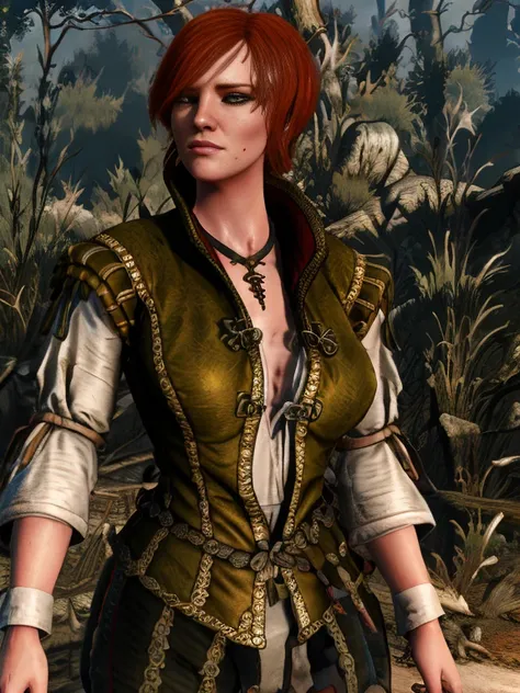 [ shani],[short red hair],shani from the witcher,[sexy],[ forest],4k,sharp image,detailed