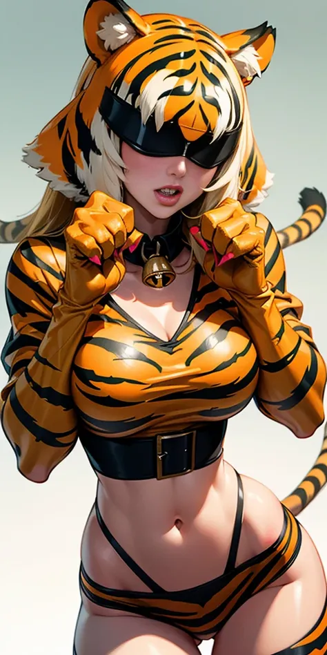 1 solo female blindfolded, animal tiger ears, animal tiger hands, animal tiger print, bell