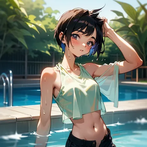 Cool girl、Boyish Girl、Sporty、tits、Wet and transparent、Wet, see-through clothes、Her halter neck camisole is wet and her underwear is visible、Navel Reveal Style、I have a towel、Wet、oil、slimy、Very short hair、Pixie Cut、black hair color、Shorts、
、high school girl...