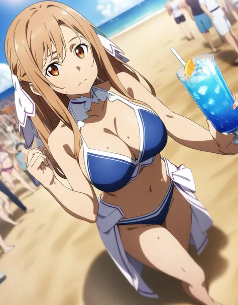 1girl, asuna (stacia), sword art online, bikini, large breast, thong, beach, ready drink in one hand, sweat, crowd, closed mouth, sexy pose, Summer Sunshine, key visual, highly detailed, looking at viewer, full body, back view, masterpiece, best quality, v...