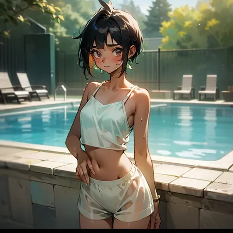 Cool girl、Boyish Girl、Sporty、tits、Wet and transparent、Wet, see-through clothes、camisole is wet and her underwear is visible、Navel Reveal Style、I have a towel、Wet、oil、slimy、Very short hair、black hair color、Shorts、
、high school girl、Gal、brown skin、garden、Poo...